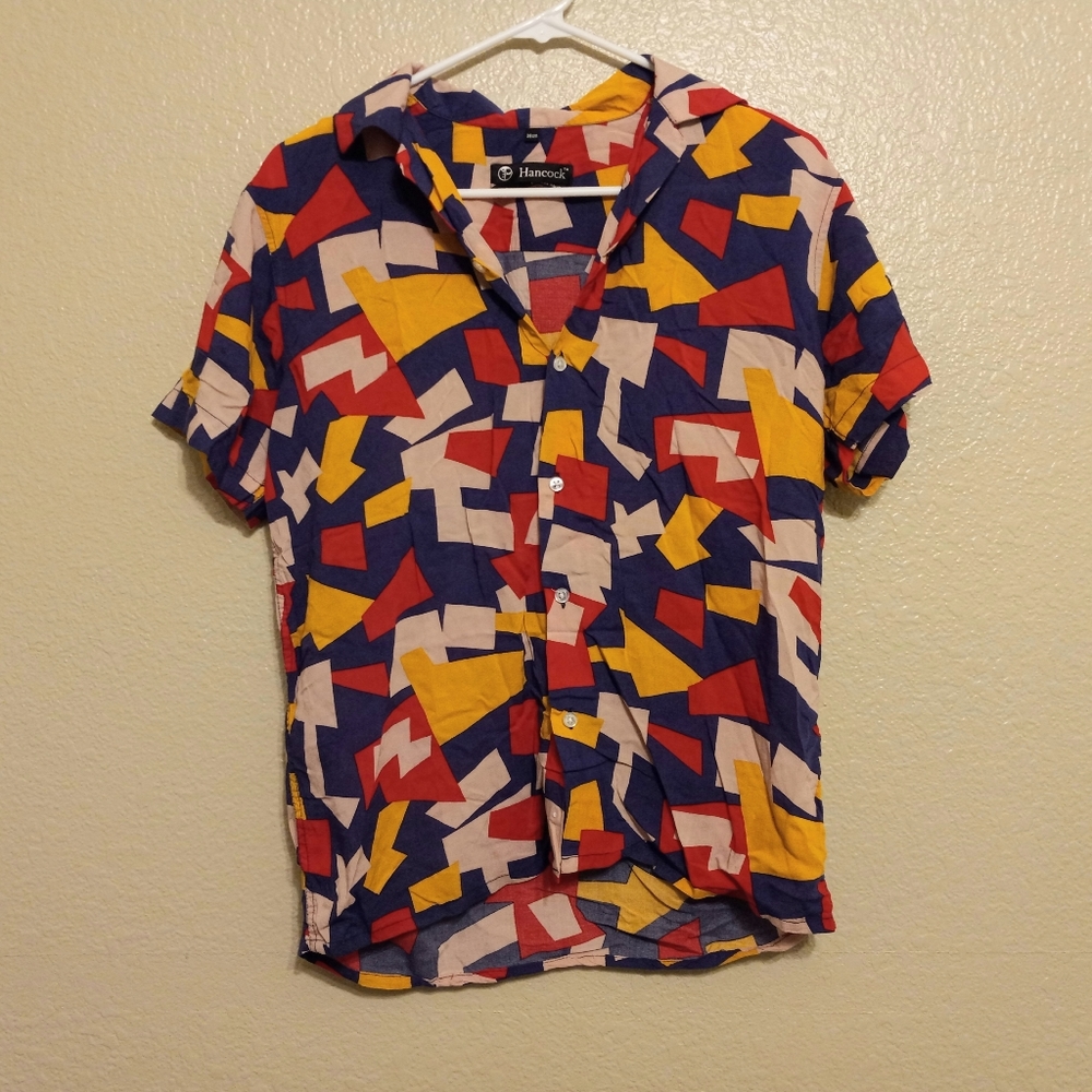 Hancock Men's Red Blue Yellow Retro Geometric Button Front Shirt